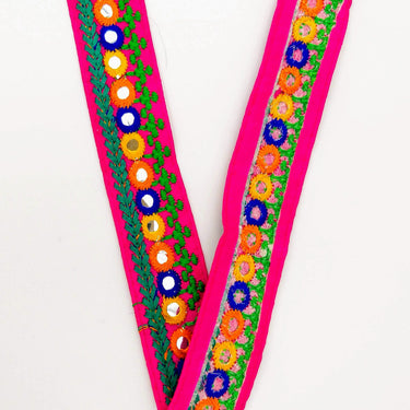Fuchsia Pink Indian Mirror Trim Kutch Embroidered Navratri Garba Dress Trim Bridal Lace, Sari Border 35 mm Wide Trim Per 3 Yards